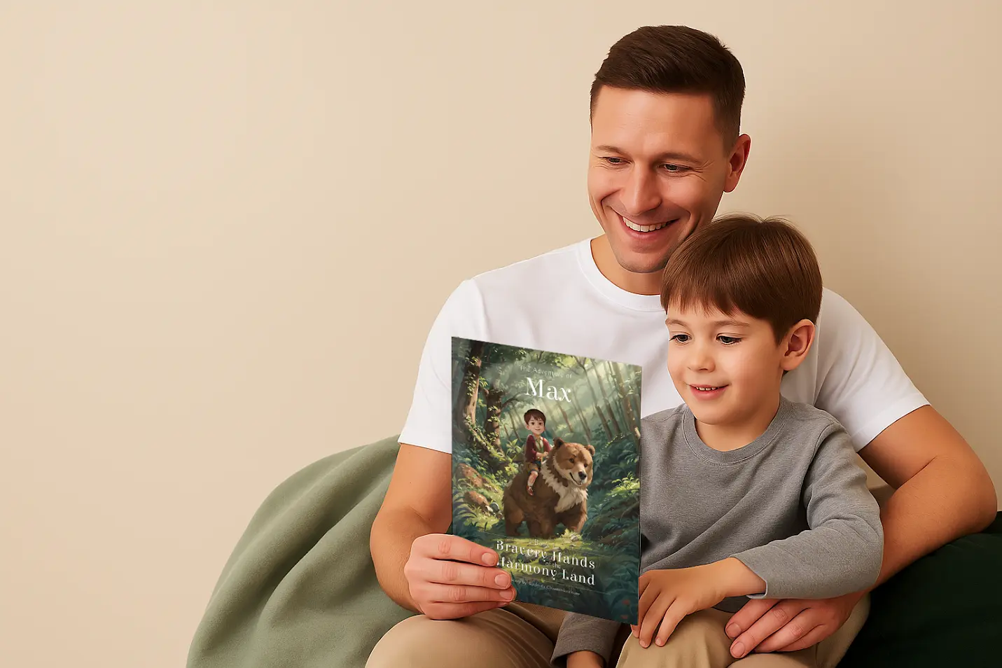 Father and son reading personalized book